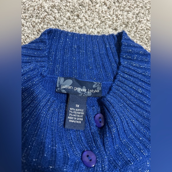 Susan Graver Style Sweater Metallic Blue Button Frond Size 1X - Picture 5 of 10